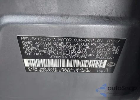 2017 Lexus Is 200T из США, поврежденный, VIN JTHBA1D21H5050894